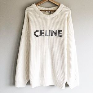 NEW Celine OVERSIZED CELINE SWEATER IN RIBBED WOOL WITH STUDS OFF WHITE L